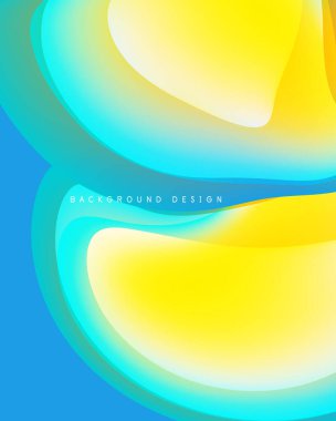 Soyut sıvı şekiller sarı, turkuaz, mavi karışımı. Yumuşak gradyanlar dinamik görsel doku oluşturur. Modern tasarım ögesi.