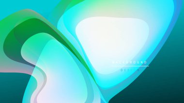 Soyut sıvı şekiller harmanlanarak canlı deniz mavisi, yeşil ve mavi renkler oluşturur. Yumuşak ışık efektli modern tasarım, koyu arkaplan.