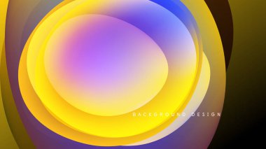 Soyut katmanlar canlı dairesel tasarım yaratır. Sarı, mor, mavi renkler karışıyor, koyu arkaplan ile zıt. Modern, akışkan estetik.