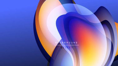 Soyut sıvı şekilleri örtüşür ve canlı renk değişimleri yaratır. Koyu arkaplan parlak turuncu ve mavi renkleri vurgular. Modern tasarım ögesi.