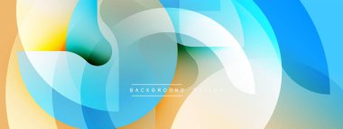 Soyut geometrik şekiller örtüşüyor, canlı renk eğimleri yaratıyor. Yumuşak maviler, portakallar, sarılar kusursuz bir şekilde harmanlanır. Modern tasarım ögesi.