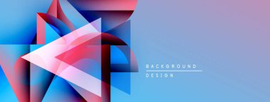 Soyut geometrik şekiller örtüşüyor, canlı renk eğimleri yaratıyor. Mavi, pembe, kırmızı renkler tasarımda baskın. Sağ tarafta açık mor eğim var..