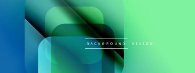 Soyut geometrik şekiller örtüşüyor, canlı yeşil, mavi renkler yaratıyor. Modern tasarım elementleri teknoloji ve yenilik öneriyor. Minimalist estetik.