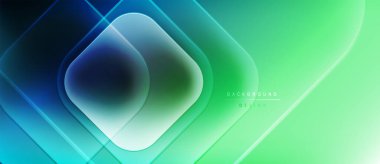 Soyut geometrik arkaplan. Mavi, yeşil gradyanlar modern tasarım yaratır. Üst üste binen kareler, akan çizgiler dinamik görsel efekt sunar.