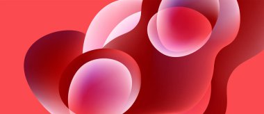 Soyut sıvı şekilleri, canlı kırmızılar, pembeler dinamik bileşim oluşturur. Yumuşak eğimler hareketi, derinliği gösterir. Modern tasarım.