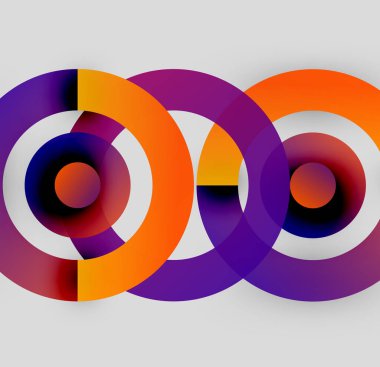 Soyut daireler örtüşüyor, canlı renk eğimleri yaratıyor. Mor, turuncu, beyaz baskın kompozisyon. Modern tasarım, basit geometri.