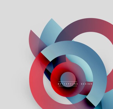 Soyut dairesel tasarım. Üst üste binen katmanlar dinamik görsel efekt yaratır. Kırmızı, mavi renkler kompozisyona hakim. Modern, minimalist stil.