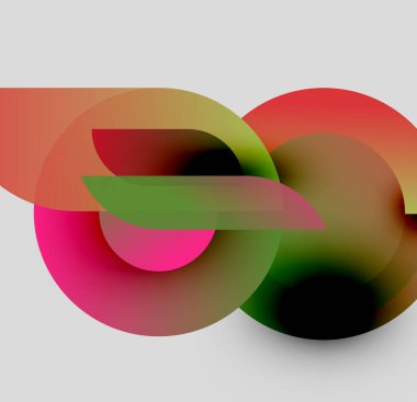 Soyut renkli şekiller örtüşür, dinamik bileşim yaratır. Gradyanlar pembeleri, yeşillikleri, portakalları, siyahları harmanlarlar. Gri arkaplanda minimalist tasarım.