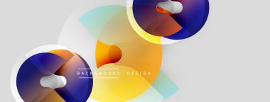 Soyut şekiller, canlı renkler, modern tasarım. Üst üste binen daireler dinamik görsel efekt yaratır. Işık arkaplanı bileşimi güçlendirir.