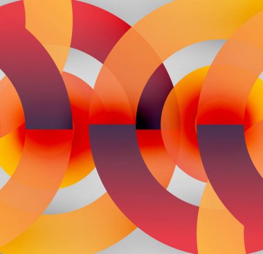 Soyut kompozisyon. Üst üste binen kavisler dinamik görsel ritim yaratır. Sıcak renkler hakim, eğimlerle, şekillerle, simetriyle.