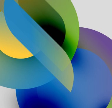 Soyut şekiller örtüşür, canlı renk karışımları yaratır. Yumuşak eğimler akış biçimleri tanımlar, hareket ve derinlik önerir.