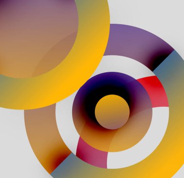 Soyut daireler örtüşür, canlı renk karışımları yaratır. Tasarım, değişkenleri, şekilleri, modern estetiği barındırır. Minimalist kompozisyon.