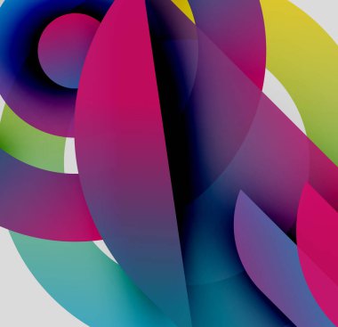 Soyut kompozisyon. Üst üste binen renkli şekiller, dinamik görsel deneyimler yaratıyor. Gradyanlar, kıvrımlar, canlı renkler hakim sahne.