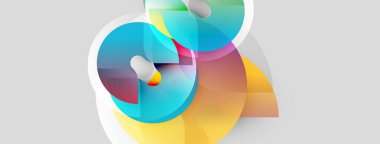 Soyut renkli şekiller örtüşür, dinamik bileşim yaratır. Yumuşak gradyanlar karışır, akışkan görsel deneyim oluşturur. Işık yansıtır, derinlik ekler.