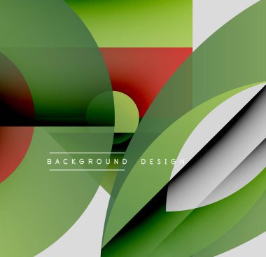 Soyut geometrik şekiller çakışıyor. Yeşil, kırmızı, siyah, beyaz renkler dinamik kompozisyon oluşturur. Modern tasarım elementleri parlak görsel cazibe sunar.