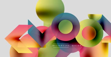 Soyut renkli şekiller örtüşür, dinamik görsel doku yaratır. Gradyan renkler harmanlanarak modern tasarım elementleri oluşturur.