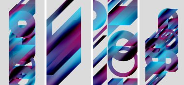 Soyut geometrik desenler. Canlı mavi, mor renkler kompozisyona hakim. Çarpıcı görsel elementler dinamik etki yaratır.