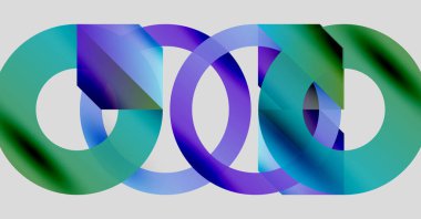 Soyut grafik tasarımı üst üste binen dairesel şekiller. Renkler arasında yeşil, mavi, mor renkler dinamik görsel efekt oluşturur.