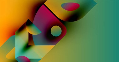 Soyut kompozisyon. Üst üste binen şekiller, canlı renkler dinamik görsel deneyimler yaratır. Yumuşak eğimler, modern tasarım.