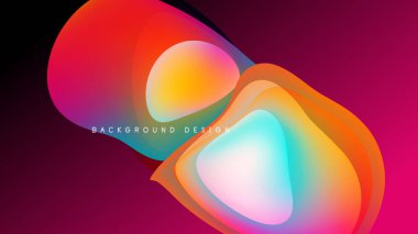 Soyut sıvı şekilleri örtüşür ve canlı renk değişimleri yaratır. Tasarım, koyu kırmızı, portakal, serin maviler, koyu arkaplana karşı morlar içerir..