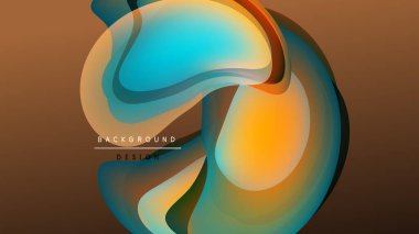 Soyut sıvı şekilleri örtüşür ve canlı renk değişimleri yaratır. Arka plan koyu, tasarım turuncu, mavi renkler içeriyor. Modern estetik.