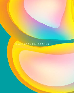 Soyut renkli katmanlar dinamik görsel efekt yaratır. Pürüzsüz gradyanlar sarı, pembe, turkuaz renkler harmanlarlar. Modern tasarım ögesi.