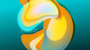 Soyut akışkan şekiller, canlı renklerin karışımı. Sarı, turuncu, turkuaz dinamik görsel efekt yaratır. Modern tasarım ögesi.