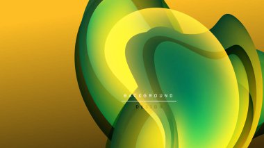 Soyut sıvı şekiller, canlı sarı, yeşil renkler. Modern tasarım, koyu arkaplan karşıtlık yaratır, dinamik kompozisyon.
