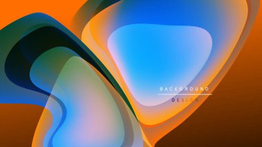 Soyut sıvı şekilleri örtüşür, canlı renk karışımları yaratır. Turuncu, mavi, yeşil renkler siyah arkaplana hakim. Modern tasarım ögesi.