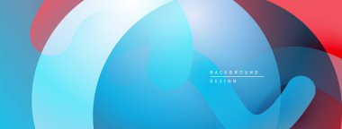 Soyut sıvı şekilleri örtüşür, parlak mavi, kırmızı, beyaz renkler yaratır. Modern tasarım teknoloji, yenilik ve enerji öneriyor.