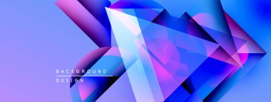 Soyut geometrik şekiller, canlı maviler, morlar modern arka plan yaratır. Dinamik bileşim, gradyan etkileri.