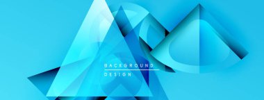 Soyut geometrik şekiller örtüşüyor, canlı mavi gradyanlar yaratıyor. Modern tasarım, teknoloji, yenilik, gelecek kavramları öneriyor. Temiz estetik.