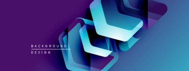 Soyut geometrik şekiller üst üste biniyor, dinamik mor, mavi renkler yaratıyor. Metin arka plan tasarımı okur. Modern görsel sunum.