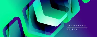 Soyut geometrik şekiller örtüşür, canlı bir değişim etkisi yaratır. Modern tasarım turkuaz ve mor renkler kullanır. Arkaplan dijital sanatı öneriyor.