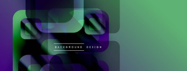 Soyut geometrik şekiller çakışıyor. Yeşil, mor renkler tasarıma hakim. Modern biçim, temiz çizgiler dinamik bileşim sunar.