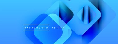 Soyut mavi katmanlar dinamik arkaplan oluşturur. Modern tasarım üst üste binen şekiller, gradyanlar, metin elementleri içerir. Yumuşak geçişler, canlı renkler.