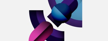 Soyut şekiller örtüşür, dinamik bileşim yaratır. Renkler harmanlanmış mor, mavi, pembe beyaz arkaplan. Modern tasarım hareketi çağrıştırıyor, derinliği.