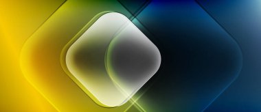 Soyut geometrik tasarım. Sarı, yeşil, mavi renkler katmanlı elmas şekilleri yaratır. Parlaklık zıtlıkları, pürüzsüz geçişler kompozisyona hakim..