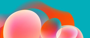 Soyut renkli küreler çakışıyor ve yumuşak eğimler yaratıyor. Turkuaz arka plan canlı pembe, portakal ve maviyi tamamlıyor. Modern tasarım.
