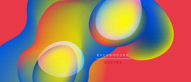 Soyut sıvı şekilleri canlı renkleri harmanlar. Sarı, kırmızı, mavi dinamik bileşim oluşturur. Arka planlar için modern tasarım ögesi.