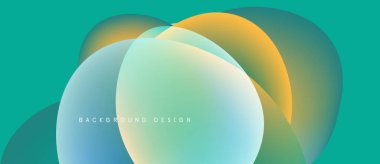 Soyut renkli çakışan daireler dinamik arkaplan oluşturur. Teal, turuncu, açık mavi renkler düzgün bir şekilde harmanlanır. Modern tasarım ögesi.