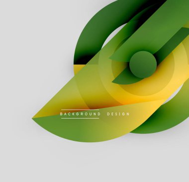 Soyut grafik tasarımı. Üst üste binen şekiller yaprak benzeri formlar yaratır. Yeşil, sarı renkler tarafsız arkaplana hakim. Modern, dinamik kompozisyon.