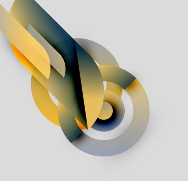 Soyut tasarım akıcı kurdeleler, gradyanlar içerir. Sarı, gri, koyu mavi dinamik görsel etki yaratır. Modern, minimalist estetik.