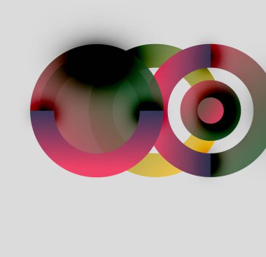 Soyut renkli daireler örtüşüyor, bulanık şekiller yaratıyor. Gradyan renkler harmanlanır ve dinamik görsel kompozisyon oluşturur. Yumuşak gri arkaplan karşıtlığı artırır.