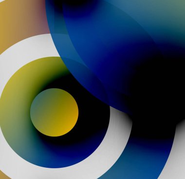 Soyut kompozisyon. Üst üste binen daireler dinamik görsel efekt yaratır. Renkler karışır, değişkenler oluşur, şekiller derinliği gösterir.