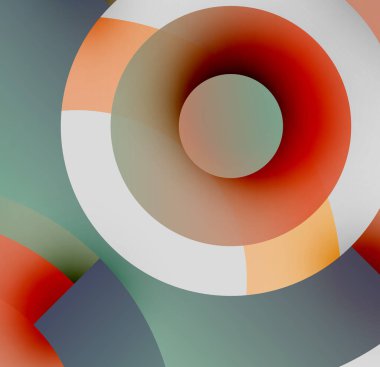 Soyut çemberler çakışıyor, yumuşak eğimler yaratıyor. Renkler kırmızı, turuncu, gri, beyaz, deniz mavisi. Minimalist tasarım, modern estetik.