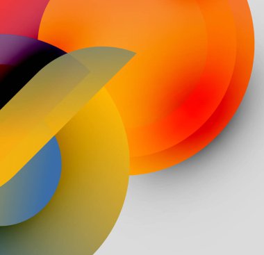 Soyut kompozisyon. Üst üste binen renkli çemberler dinamik görsel efekt yaratır. Sıcak tonlar havalı aksanlarla baskın gelir. Modern tasarım.