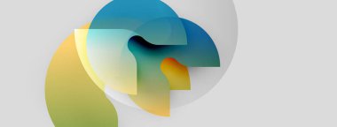 Soyut şekiller üst üste binerek sıvı formları oluşturur. Renkler harmanlanmış, maviler, portakallar beyaz arka plan. Modern tasarım, yumuşak eğimler.