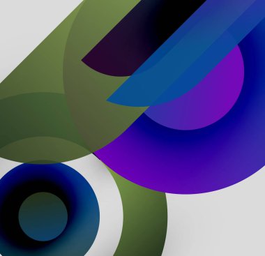 Soyut kompozisyon. Üstüste binen yarı saydam çemberler, şekiller dinamik görsel efektler yaratır. Renkler arasında mavi, mor, yeşil.