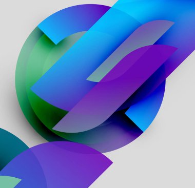 Soyut kompozisyon. Üst üste binen şekiller dinamik görsel efekt yaratır. Mavi, yeşil, mor renkler tasarımda baskın. Yumuşak gradyanlar.